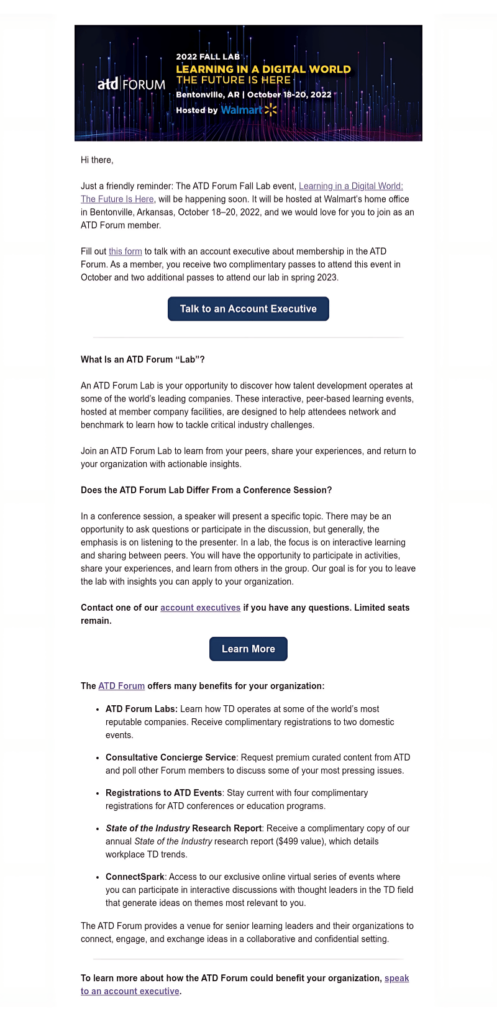 Email campaign invitation to the ATD Forum Lab event, focusing on learning in a digital world, hosted by Walmart in October