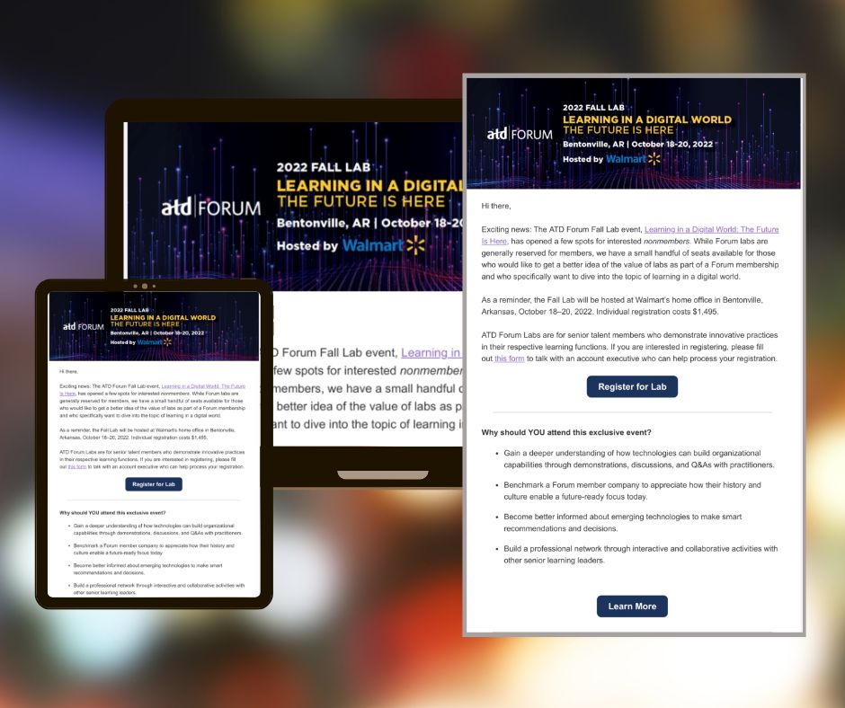 ATD Forum Spring Hackathon email — tablet & laptop mockup