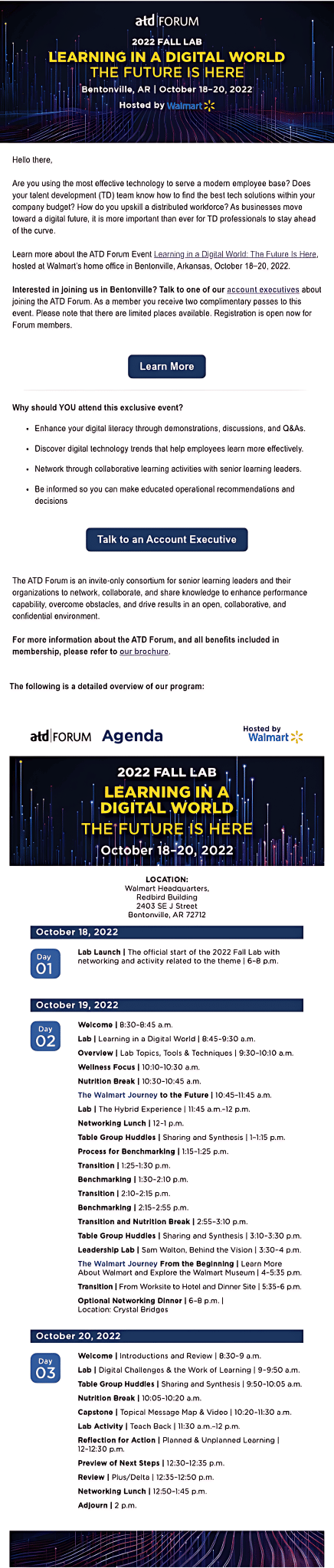 Email detailing the ATD Forum Lab event focused on digital learning, with a clear agenda and call-to-action